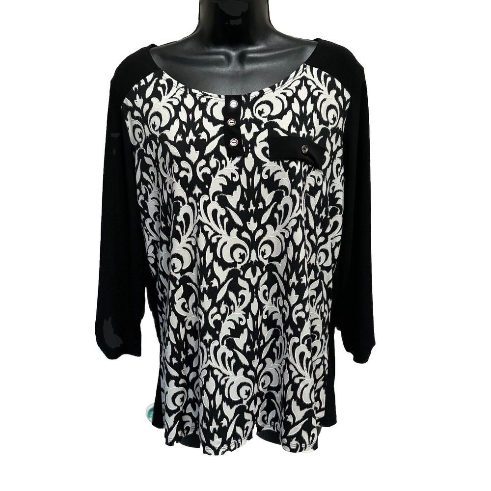 Elie McCarthy Black/Cream Paisley 3/4 Sleeve Faux Buttons‎ Scoop Neck Size L